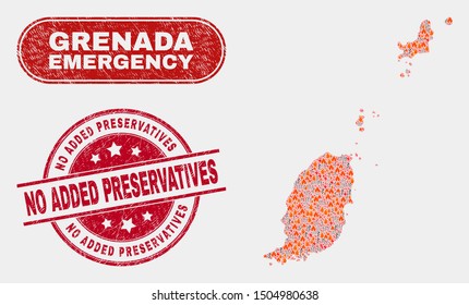 Vector composition of hazard Grenada map and red round distress No Added Preservatives watermark. Emergency Grenada map mosaic of fire, electric strike items.