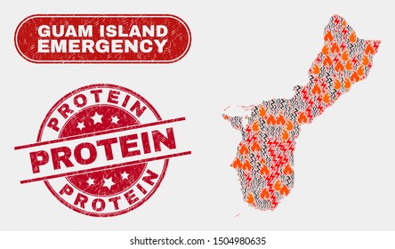 Vector composition of hazard Guam Island map and red rounded scratched Protein stamp. Emergency Guam Island map mosaic of burning, electric hazard icons. Vector combination for guard services,