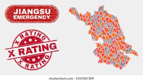 Vector composition of hazard Jiangsu Province map and red rounded distress X Rating seal stamp. Emergency Jiangsu Province map mosaic of flame, energy hazard elements.