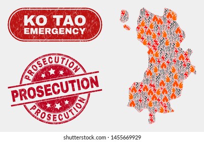Vector composition of hazard Ko Tao map and red rounded scratched Prosecution seal stamp. Emergency Ko Tao map mosaic of fire, energy strike items. Vector composition for insurance services,