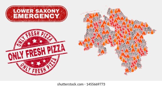 Vector composition of hazard Lower Saxony Land map and red round scratched Only Fresh Pizza seal stamp. Emergency Lower Saxony Land map mosaic of burning, electric hazard icons.