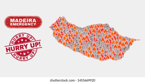 Vector composition of hazard Madeira map and red round grunge Hurry Up! seal stamp. Emergency Madeira map mosaic of destruction, power hazard elements. Vector combination for insurance services,