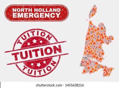 Vector composition of hazard North Holland map and red rounded textured Tuition seal. Emergency North Holland map mosaic of destruction, energy flash items. Vector composition for emergency services,