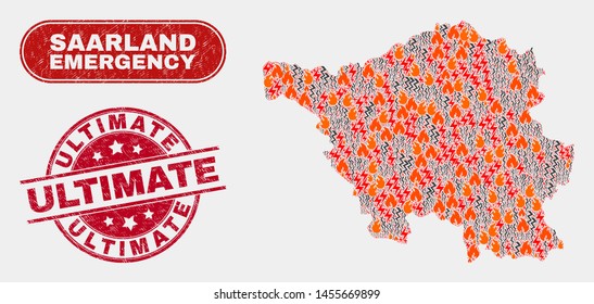Vector composition of hazard Saarland Land map and red round scratched Ultimate seal stamp. Emergency Saarland Land map mosaic of fire, electric hazard icons.