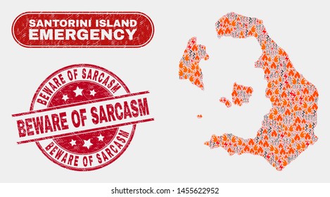Vector composition of hazard Santorini Island map and red rounded scratched Beware of Sarcasm stamp. Emergency Santorini Island map mosaic of fire, energy hazard symbols.