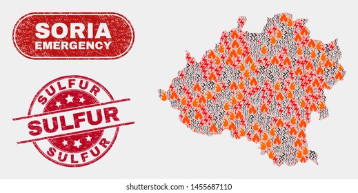Vector composition of hazard Soria Province map and red rounded grunge Sulfur stamp. Emergency Soria Province map mosaic of flame, energy strike symbols. Vector composition for emergency services,