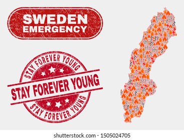 Vector composition of hazard Sweden map and red round textured Stay Forever Young seal stamp. Emergency Sweden map mosaic of destruction, electric hazard items.