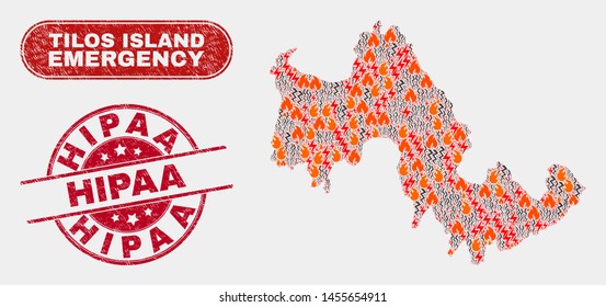 Vector composition of hazard Tilos Island map and red rounded distress Hipaa stamp. Emergency Tilos Island map mosaic of burning, energy hazard symbols. Vector composition for guard services,