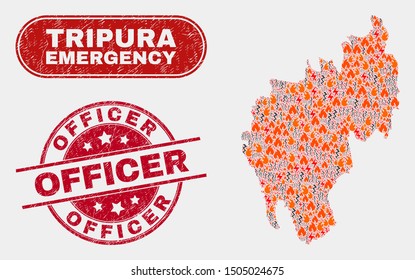 Vector composition of hazard Tripura State map and red round distress Officer seal stamp. Emergency Tripura State map mosaic of destruction, electric lightning icons.