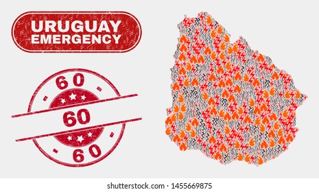 Vector composition of hazard Uruguay map and red rounded distress 60 seal stamp. Emergency Uruguay map mosaic of flame, electric lightning elements. Vector composition for insurance services,