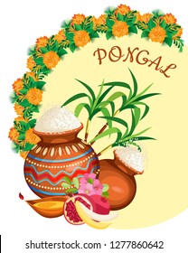 Vector composition for the holiday of Pongal. Rice pots with fruit and cane in the background on a pastel yellow circle surrounded by marigold bouquets. On a transparent background