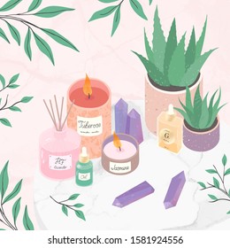 Vector composition of home decor,essential oil,amethyst crystals,candles,diffuser,eucalyptus and aloe on a decorative marble tray.Wellness and selfcare concept.Beauty routine.Home ware decor