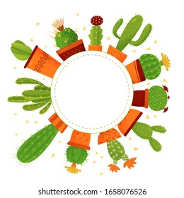 Vector composition of home plants with a place to write a text message. Cute cartoon-style cacti arranged in a circle