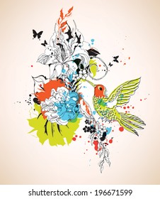 Vector composition with humming-bird and flowers eps10