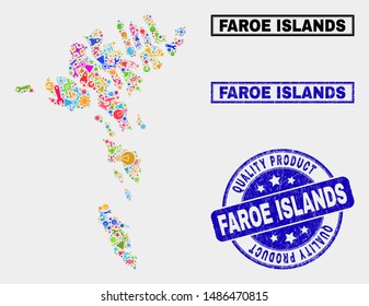 Vector composition of industrial Faroe Islands map and blue stamp for quality product. Faroe Islands map collage composed with tools, wrenches, industry symbols.