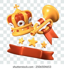 Vector composition of isolated golden prize elements. 3D crown, festive ribbon