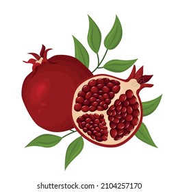 Composición vectorial de jugosos frutos maduros granados y hojas verdes. Fresas jugosas y frutas tropicales. El concepto de alimentación saludable.