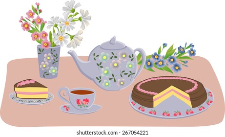 Vector composition with kettle, cups, cake and flowers. Set of isolated objects.