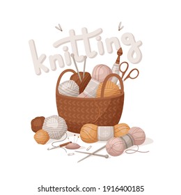 Vector composition with knitting tools and wool yarn in basket, isolated on white background. Elements of handmade needlework for design stickers, brochures, flyers, banners and others.