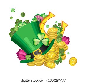 Vector composition with a Leprechaun hat, clover leaves and flowers with splashes of gold coins and a horseshoe in the background for the celebration of St. Patrick's Day. Transparent background