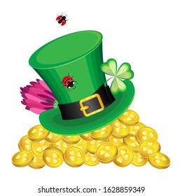 Vector composition of a Leprechaun hat with gold coins, on a transparent background, for the holiday of St. Patrick's Day.