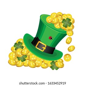 Vector composition of a Leprechaun hat with gold coins and clover leaves, on a transparent background, for the holiday of St. Patrick's Day.