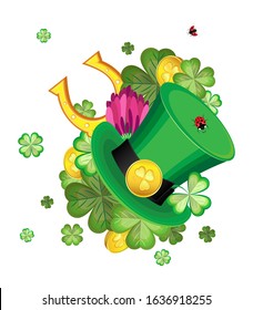 Vector composition of a Leprechaun hat with gold coins, a gold horseshoe and four-leafed coins with coins on a transparent background, for the holiday of St. Patrick's Day.