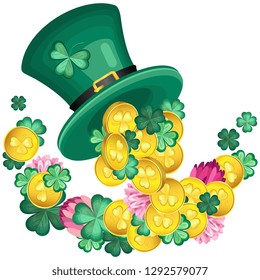 Vector composition with a Leprechaun hat with leaves and flowers of clover interspersed with gold coins for the feast of St. Patrick's Day. Transparent background