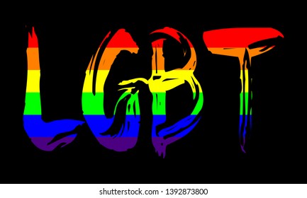 Vector composition with LGBT text in rainbow pride flag colours.  Drawing, painted LGBT letters on black background. Lesbian, Gay, Bisexual, Transgender community concept