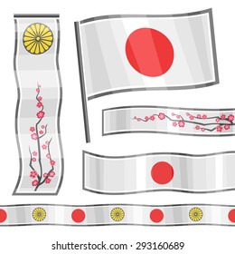 Vector composition of logo state flag Japan, japanese national symbol rising sun country Japan, branch of cherry blossoms pink sakura.Ribbon banner flags with red round isolated  on white background.