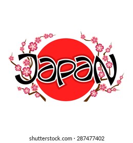 Vector composition of logo symbol Japan, japanese national rising sun country, with branch of cherry blossoms pink sakura. Red circle with black lettering Japan closeup on white background