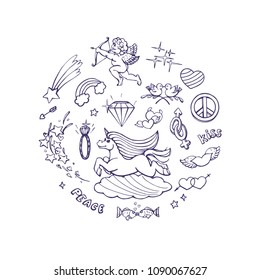 Vector composition of love and peace sketches, grouped in a circle