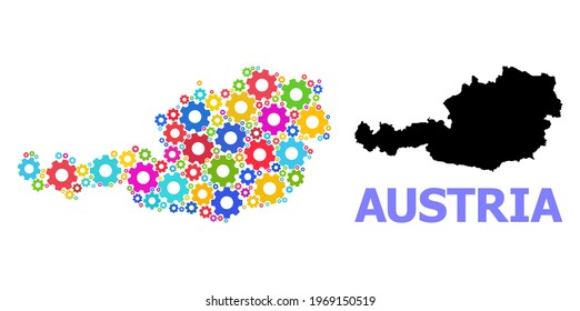 Vector composition map of Austria combined for engineering. Mosaic map of Austria is done of randomized bright cogs. Engineering components in bright colors.