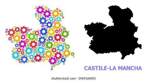 Vektorgrafik der Provinz Kastilien-La Mancha, erstellt für Ingenieurskunst. Die Mosaikkarte der Provinz Kastilien-La Mancha besteht aus randomisierten, mehrfarbigen Zahnrädern. Ingenieurskunst in hellen Farben.