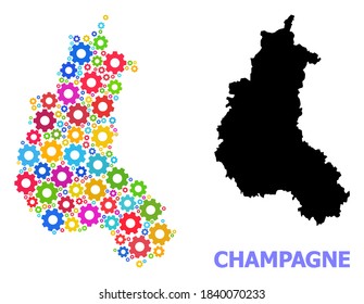 Vector composition map of Champagne Province done for workshops. Mosaic map of Champagne Province is done of randomized colored gears. Engineering components in bright colors.