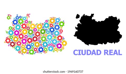 Vector composition map of Ciudad Real Province combined for engineering. Mosaic map of Ciudad Real Province is organized from randomized bright wheels. Engineering components in bright colors.