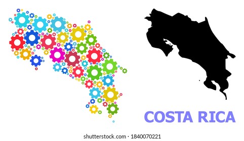 Vector composition map of Costa Rica organized for mechanics. Mosaic map of Costa Rica is formed with random bright cogs. Engineering components in bright colors.