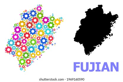 Vector composition map of Fujian Province constructed for engineering. Mosaic map of Fujian Province is designed from randomized bright wheels. Engineering components in bright colors.