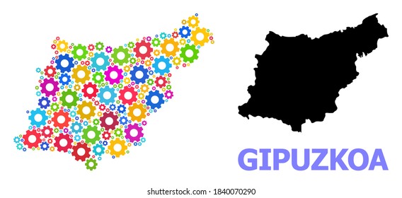 Vector composition map of Gipuzkoa Province designed for engineering. Mosaic map of Gipuzkoa Province is done with scattered bright wheels. Engineering items in bright colors.
