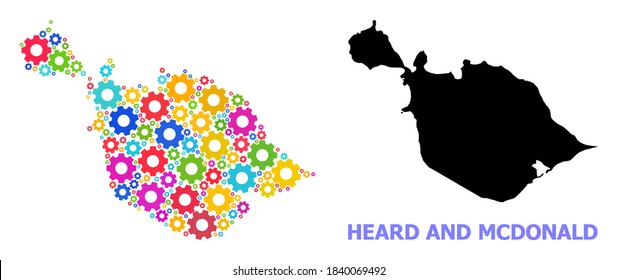 Vector composition map of Heard and McDonald Islands constructed for engineering. Mosaic map of Heard and McDonald Islands is shaped from scattered bright gears.