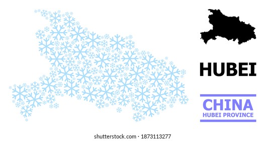 Vector composition map of Hubei Province combined for New Year, Christmas celebration, and winter. Mosaic map of Hubei Province is formed with light blue snow elements.