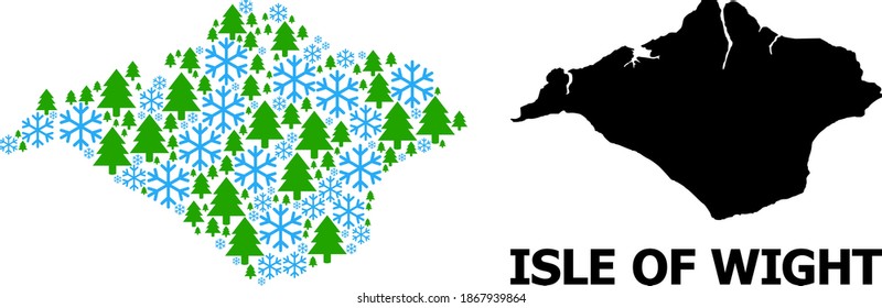 Vector composition map of Isle of Wight organized for New Year, Christmas, and winter. Mosaic map of Isle of Wight is organized of snow flakes and fir-trees.