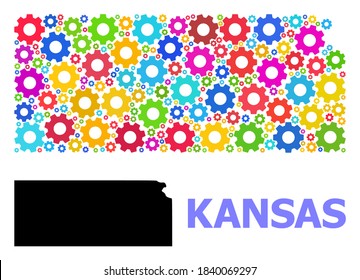 Vector composition map of Kansas State constructed for workshops. Mosaic map of Kansas State is constructed of scattered bright gears. Engineering items in bright colors.