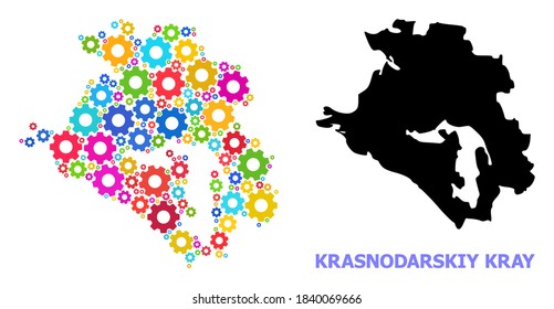 Vector composition map of Krasnodarskiy Kray done for engineering. Mosaic map of Krasnodarskiy Kray is done of scattered colored gears. Engineering components in bright colors.