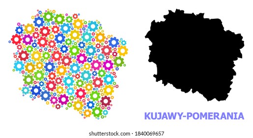 Vector composition map of Kujawy-Pomerania Province constructed for engineering. Mosaic map of Kujawy-Pomerania Province is composed of scattered bright gear wheels.