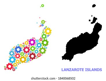 Vector composition map of Lanzarote Islands combined for engineering. Mosaic map of Lanzarote Islands is constructed of random bright gears. Engineering items in bright colors.