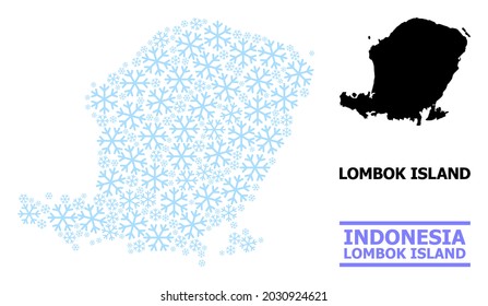 Mapa de composición vectorial de la isla de Lombok diseñado para Año Nuevo, celebración de Navidad e invierno. El mapa mosaico de la isla de Lombok está diseñado con elementos de nieve azul claro.