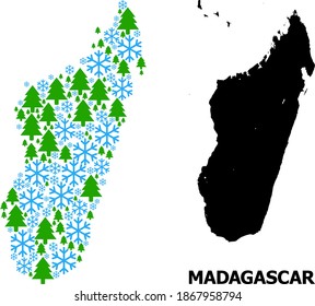Vector composition map of Madagascar Island created for New Year, Christmas, and winter. Mosaic map of Madagascar Island is created with snowflakes and fir forest.