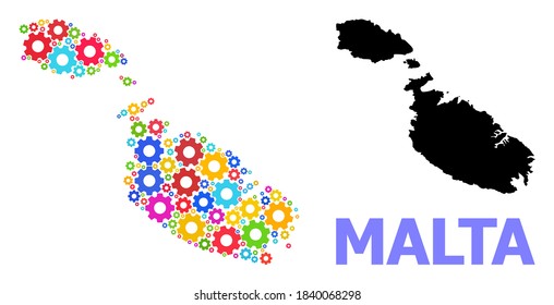 Vector composition map of Malta combined for engineering. Mosaic map of Malta is organized from randomized bright gear wheels. Engineering components in bright colors.