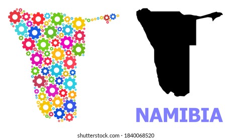Vector composition map of Namibia created for engineering. Mosaic map of Namibia is constructed from random bright gears. Engineering components in bright colors.